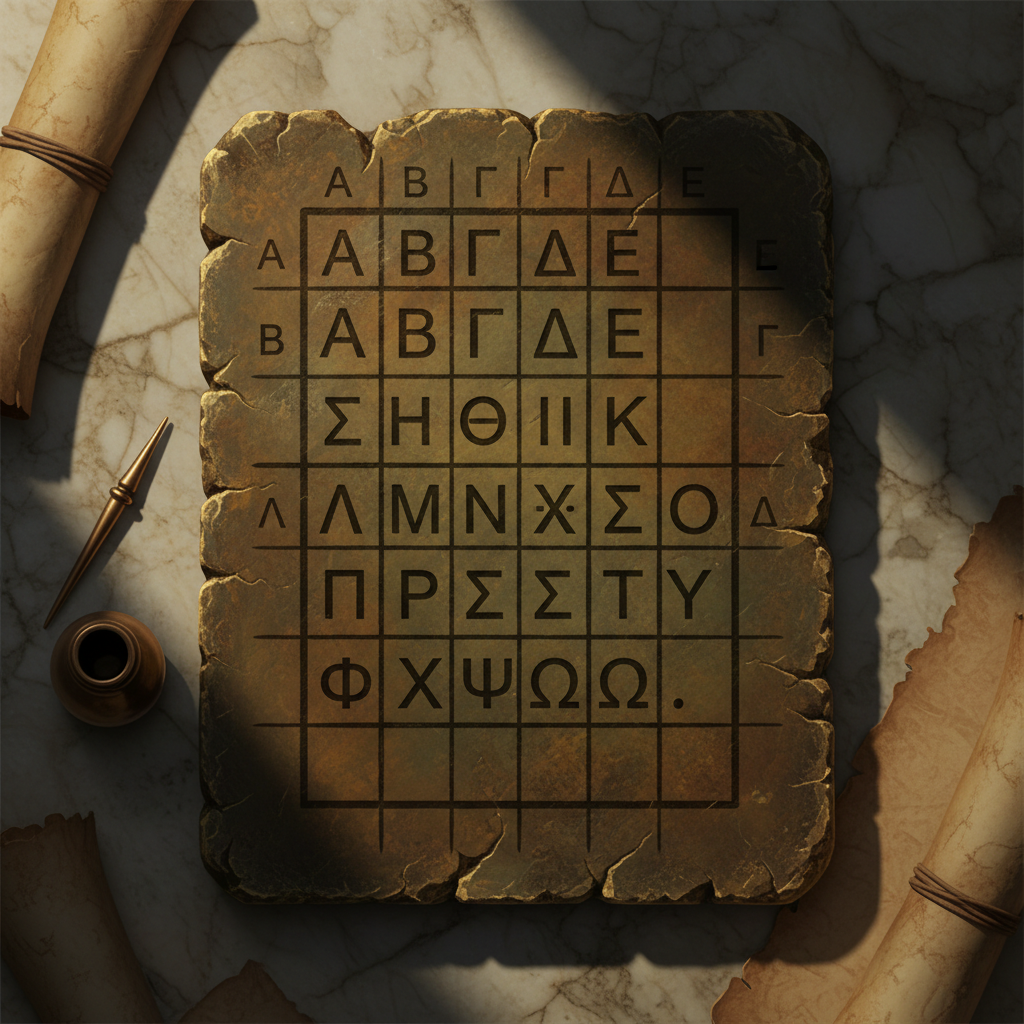 Ancient Greek Polybius Square cipher grid on aged parchment with numbered rows and columns, classical manuscript style