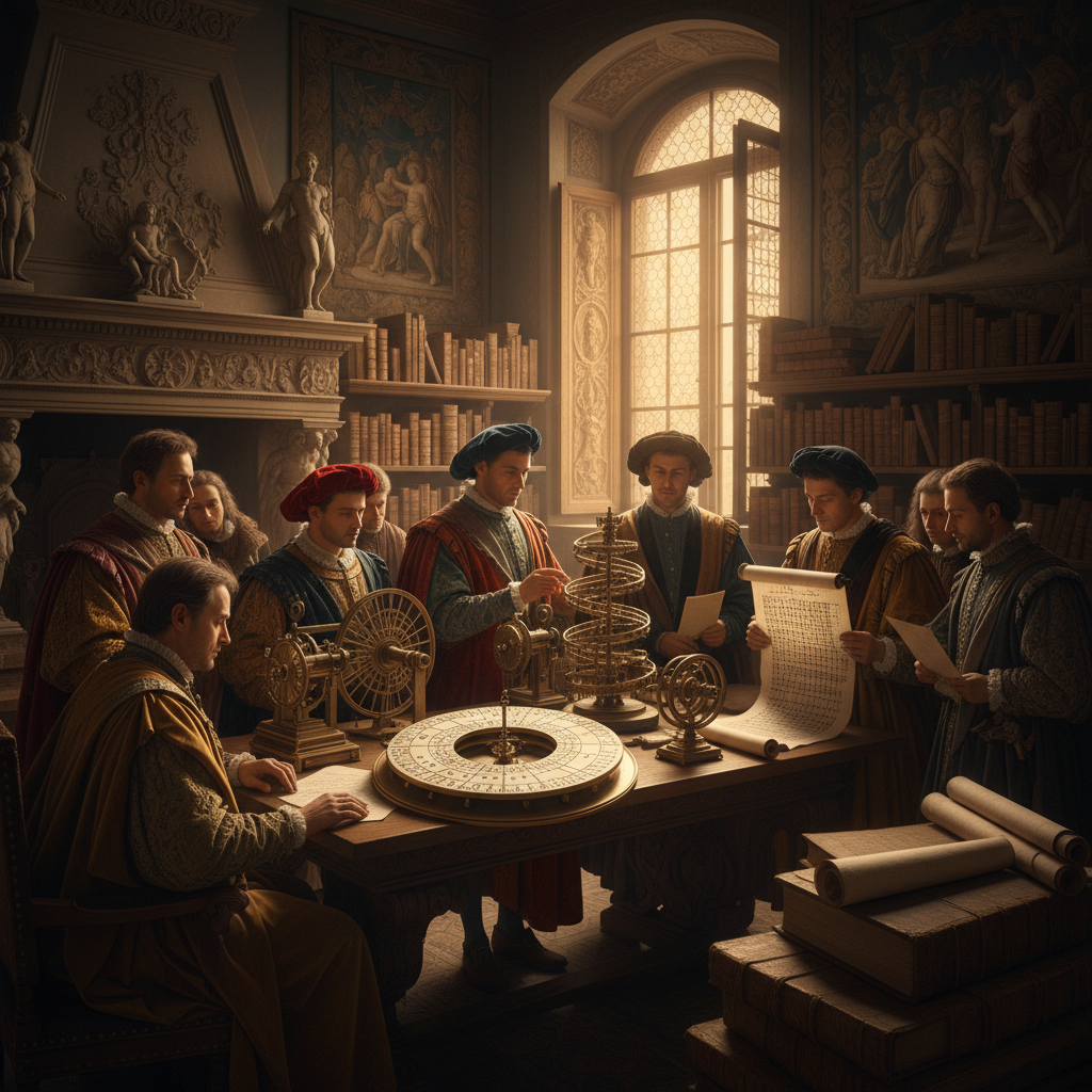 Renaissance scholars studying ornate cipher wheels and Vigenere cipher disks in Italian setting